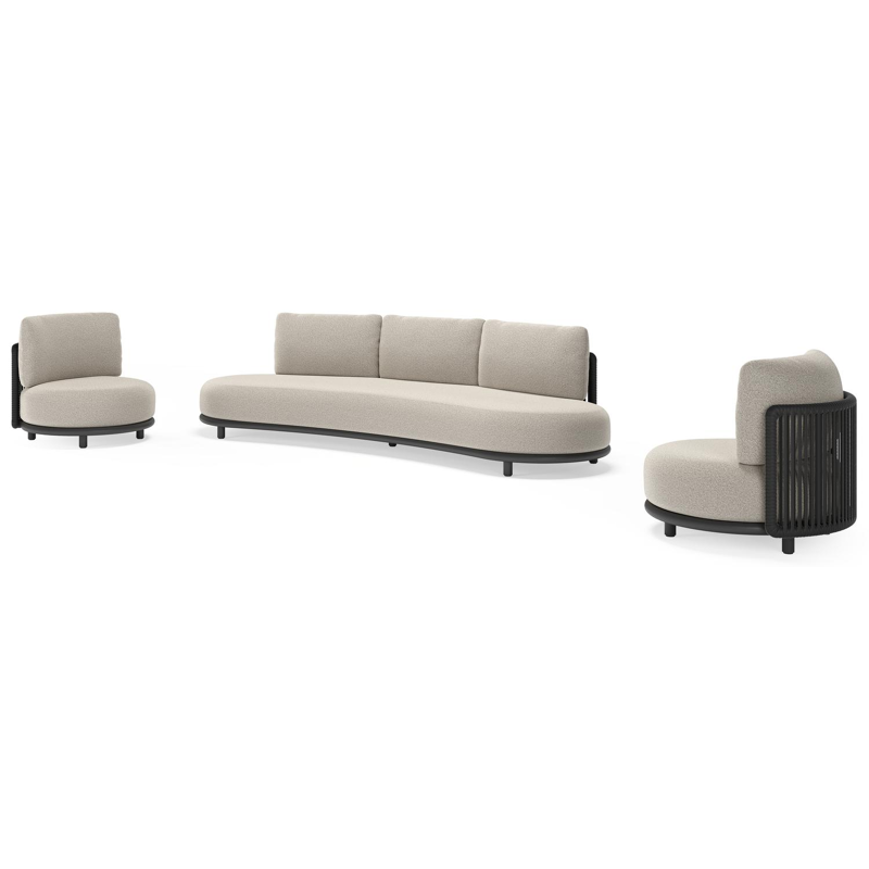 Salon de jardin Lomano en aluminium noir et corde luxe plate tissée verticalement noir et coussins en all weather solica firenze sand