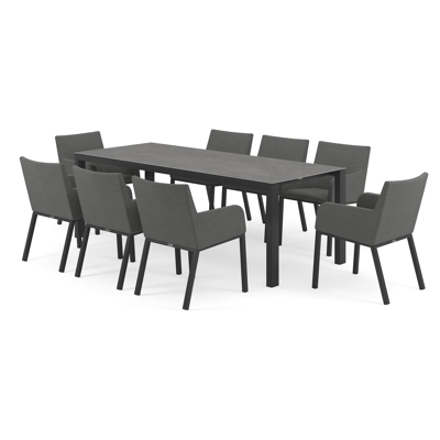 Trente tuinset in zwart aluminium en grijs volkeramiek tafelblad met 8 Rivo tuinstoelen