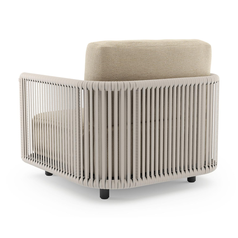 Organo loungestoel in zwart aluminium en beige verticaal geweven luxe vlakke rope met althea camel all weather Cosytica kussen