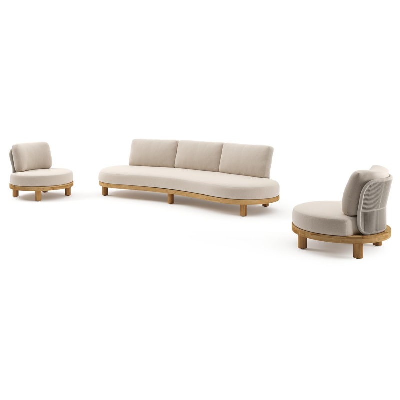 Donato loungeset in teak en beige verticaal geweven ronde rope met all weather sunbrella® luxe Heritage Ash kussen