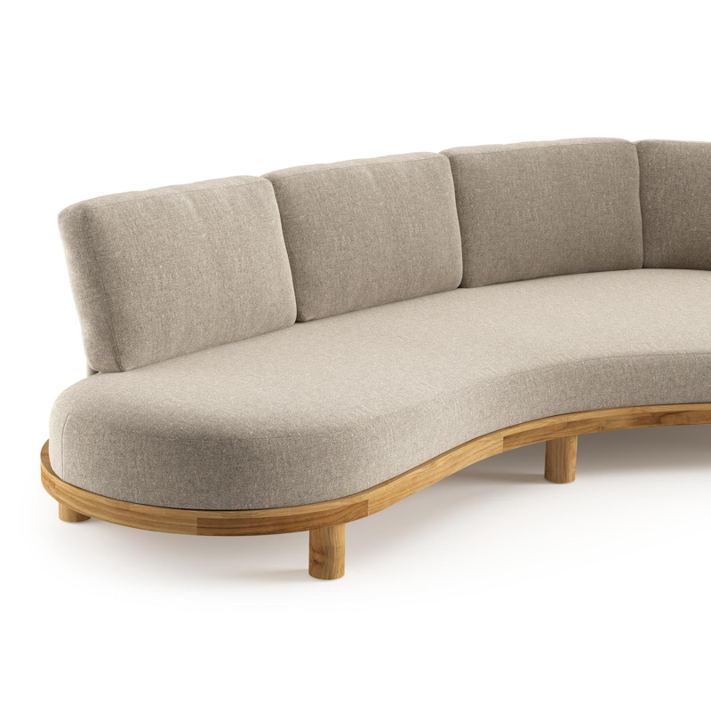 Canapé de jardin Donato en teck et coussins en all weather sunbrella® luxe chartres pewter