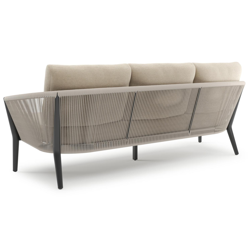 Orso loungeset in zwart aluminium en beige verticaal geweven ronde rope met Althea Chalk all weather cosytica kussen