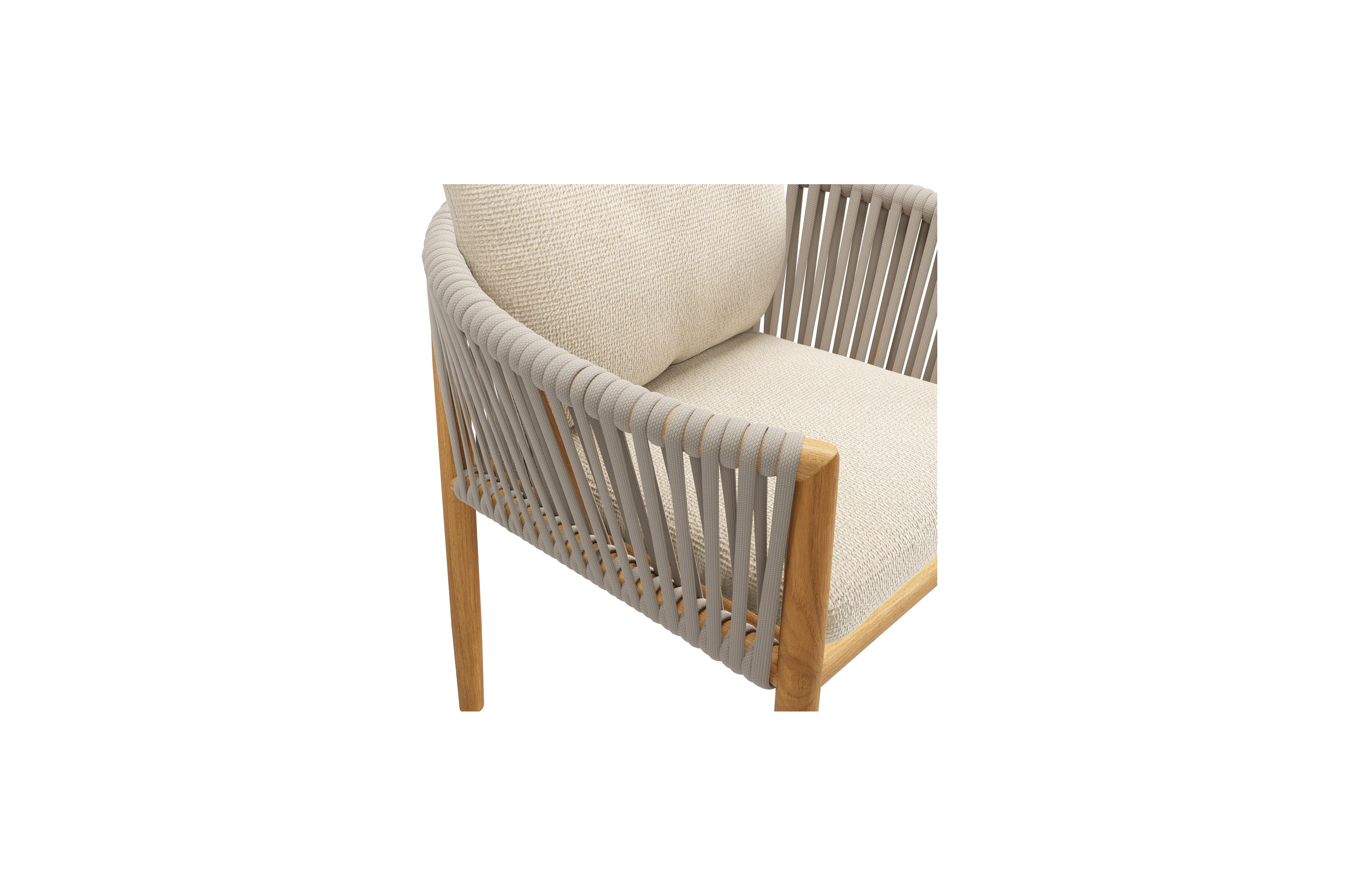 Organo tuinstoel in beige teak en beige verticaal geweven luxe vlakke rope met kussen in All Weather Cosytica Althea Chalk