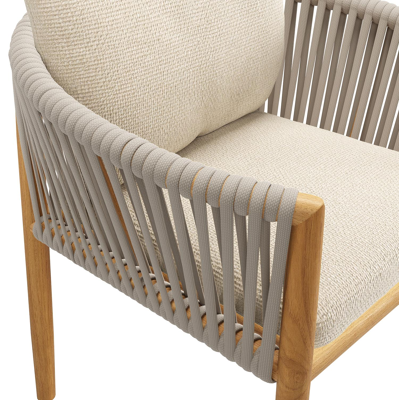 Organo tuinstoel in beige teak en beige verticaal geweven luxe vlakke rope met kussen in All Weather Cosytica Althea Chalk