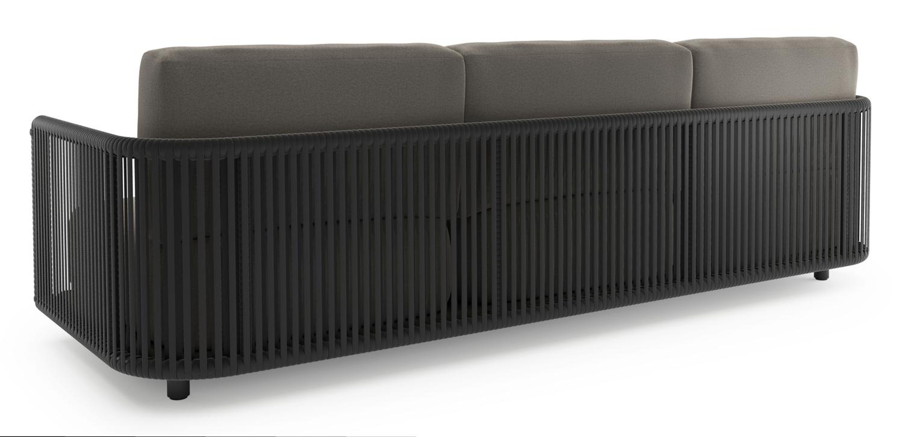 Canapé de jardin Organo en aluminium noir et corde luxe plate tissée verticalement noir et coussin en all weather Sunbrella® luxe natte dark taupe