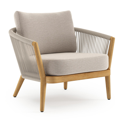 Orso loungestoel in teak en beige verticaal geweven ronde rope met Slow Farafra all weather sunbrella® luxe kussen