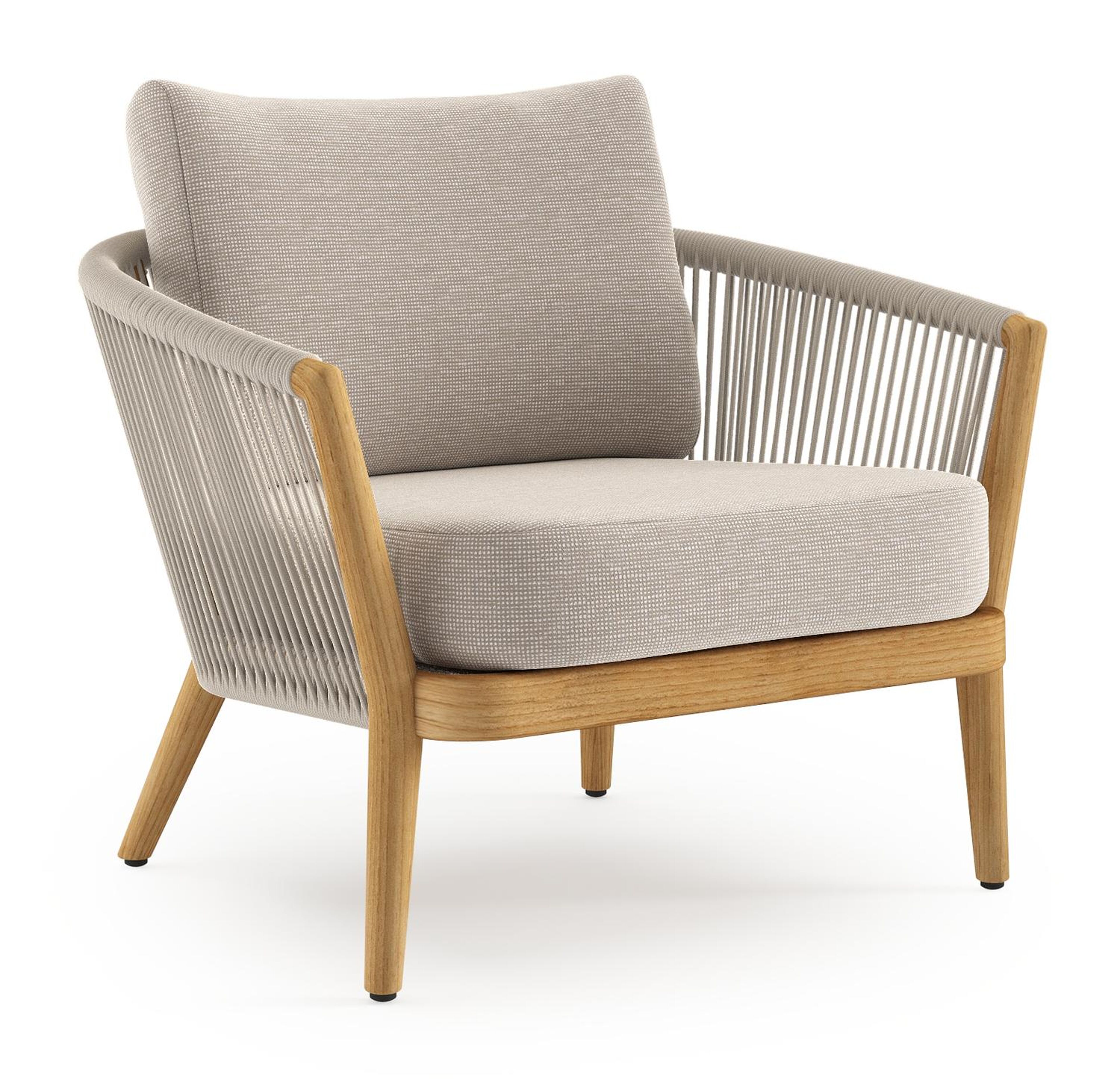 Orso loungestoel in teak en beige verticaal geweven ronde rope met Slow Farafra all weather sunbrella® luxe kussen