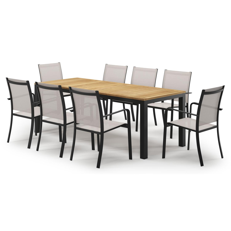 Ensemble de jardin Varese en aluminium noir et teck avec 8 chaises de jardin Calobra