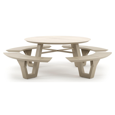 Rondino picknicktafel rond in beige aluminium en volkeramiek Travertino Bianco - Dia. 236 x H 71.5 cm