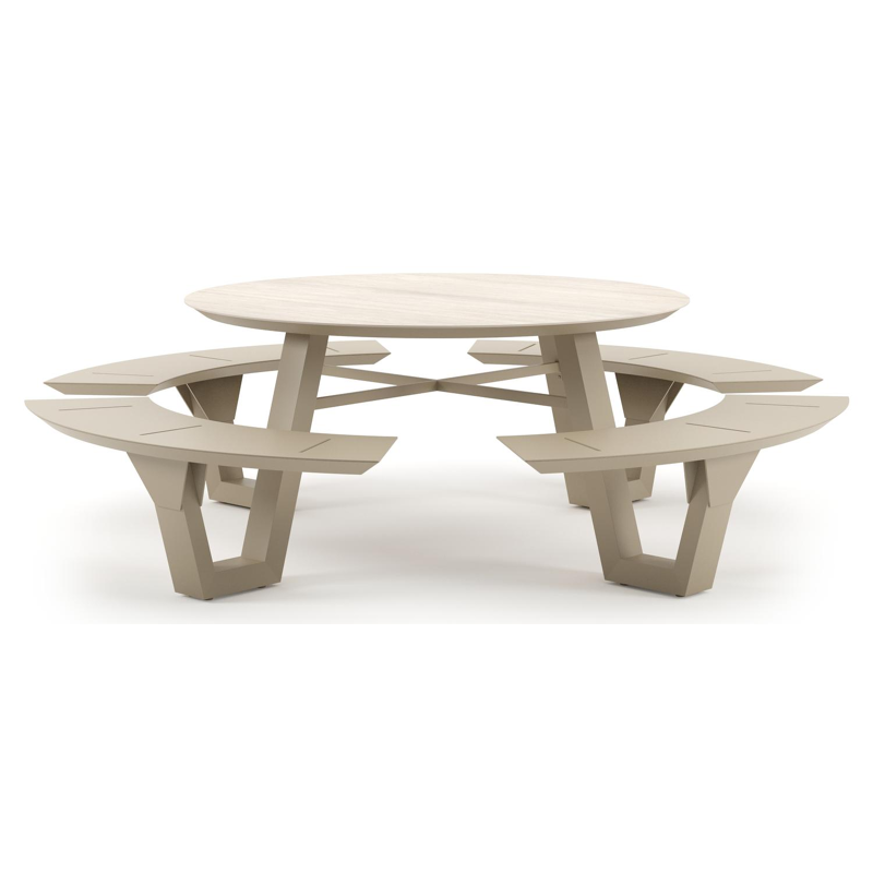 Rondino picknicktafel rond in beige aluminium en volkeramiek Travertino Bianco - Dia. 236 x H 71.5 cm