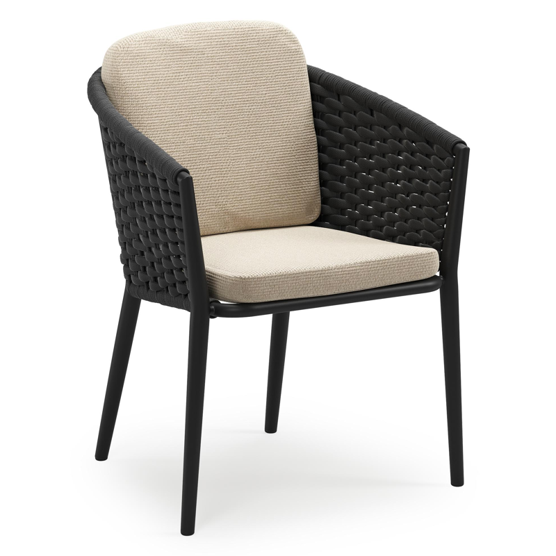 Chaise de jardin empilable Orso en aluminium noir et corde ronde tissée horizontalement noir avec coussin en All Weather Cosytica Althea Chalk
