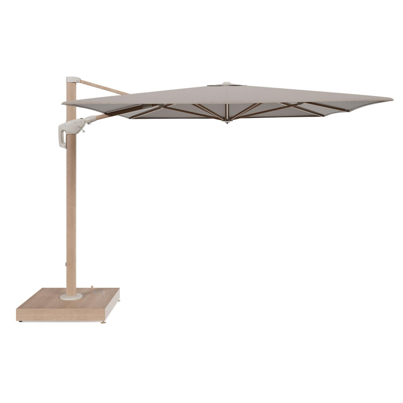 Parasol pendant Minore avec fonction tilt en aluminium aspect de bois et toile de parasol All Weather Solica Firenze Earth - Lg.1 400 x Lg.2 300 cm avec pied de parasol Minore 260 kg avec roulettes