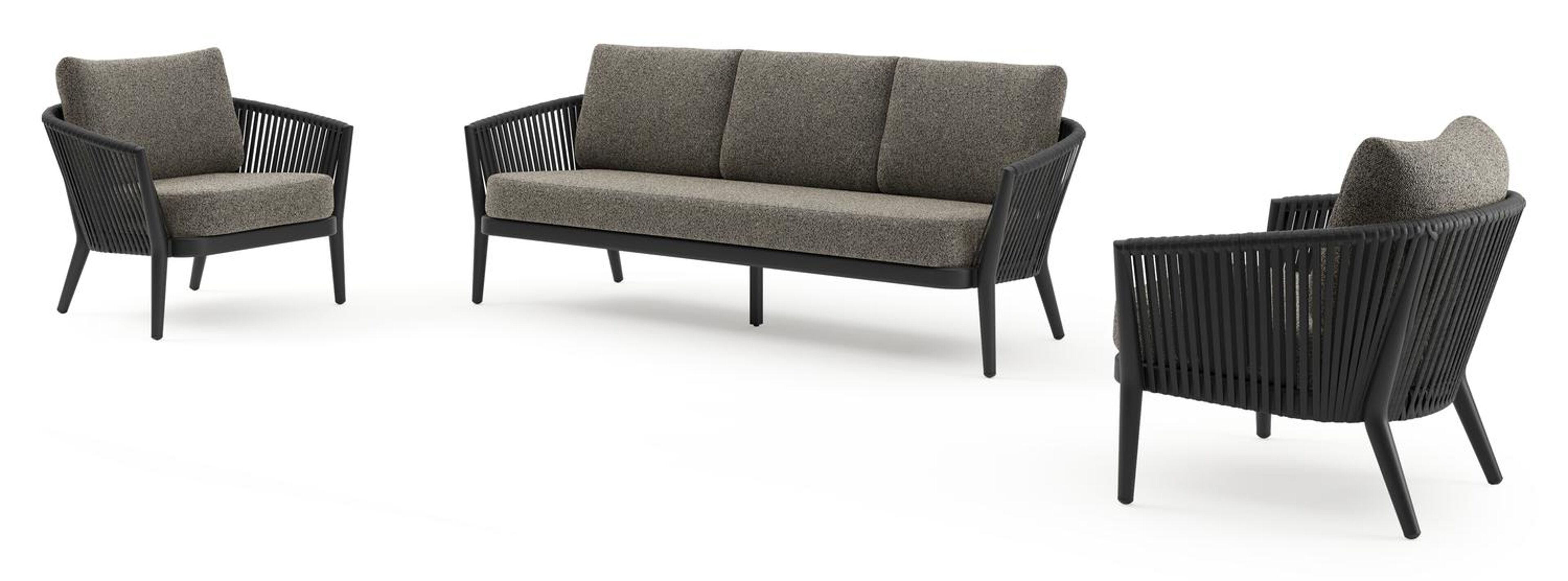 Salon de jardin Orso en aluminium noir en corde luxe plate tissée verticalement noir et coussins en all weather cosytica Marbella Tunder