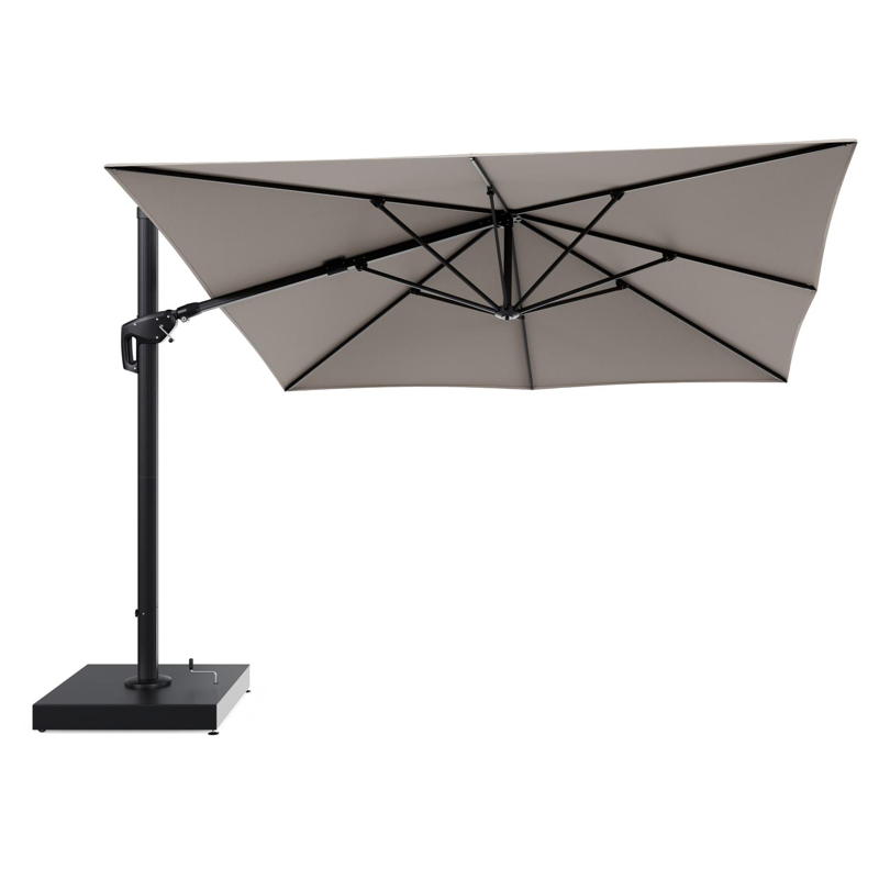 Minore zweefparasol met tiltfunctie in zwart aluminium en Heritage Ash All Weather Sunbrella® Luxe parasoldoek - L1 350 x L2: 350 cm met parasolvoet Minore 260 kg met wielen