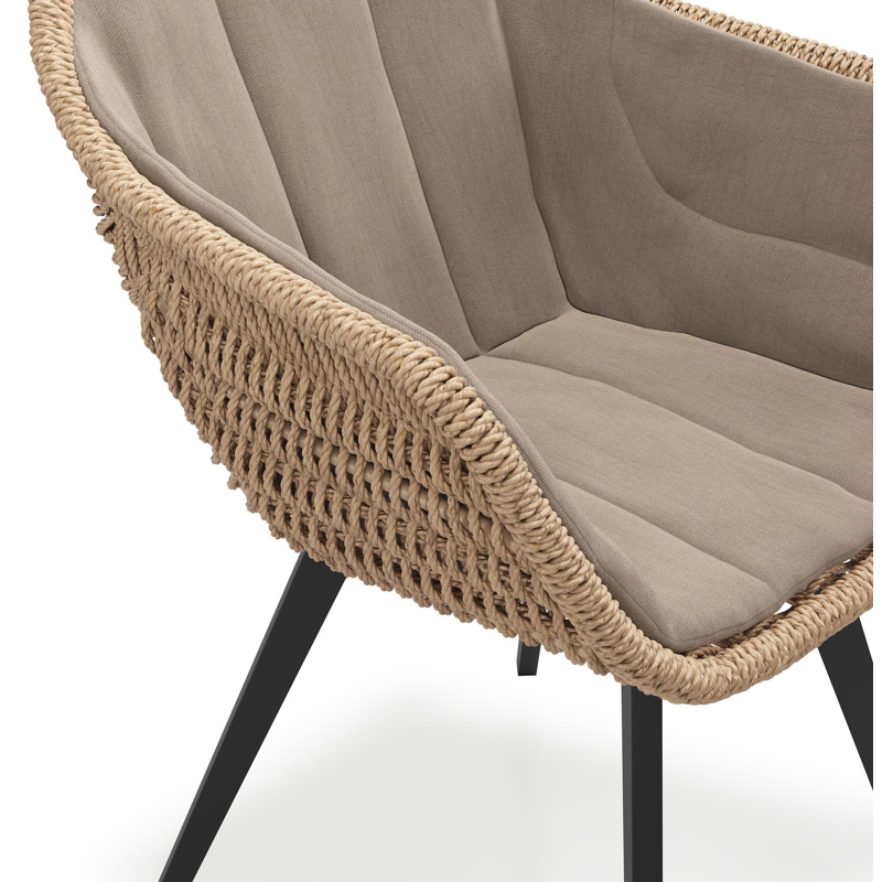 Pagino tuinstoel in zwart aluminium en naturel ronde wicker met zitkussen in All Weather Sunbrella® Luxe Natte Heather Grey