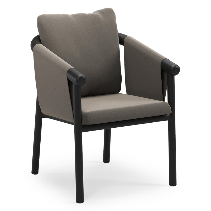 Chaise de jardin empilable Amico en aluminium noir et aluminium noir avec coussin en All Weather Sunbrella® Luxe Natte Carbon Beige