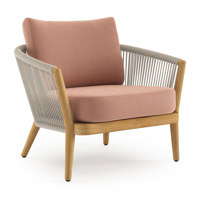 Orso loungestoel in teak en beige verticaal geweven ronde rope met Lopi Fawn all weather sunbrella® luxe kussen