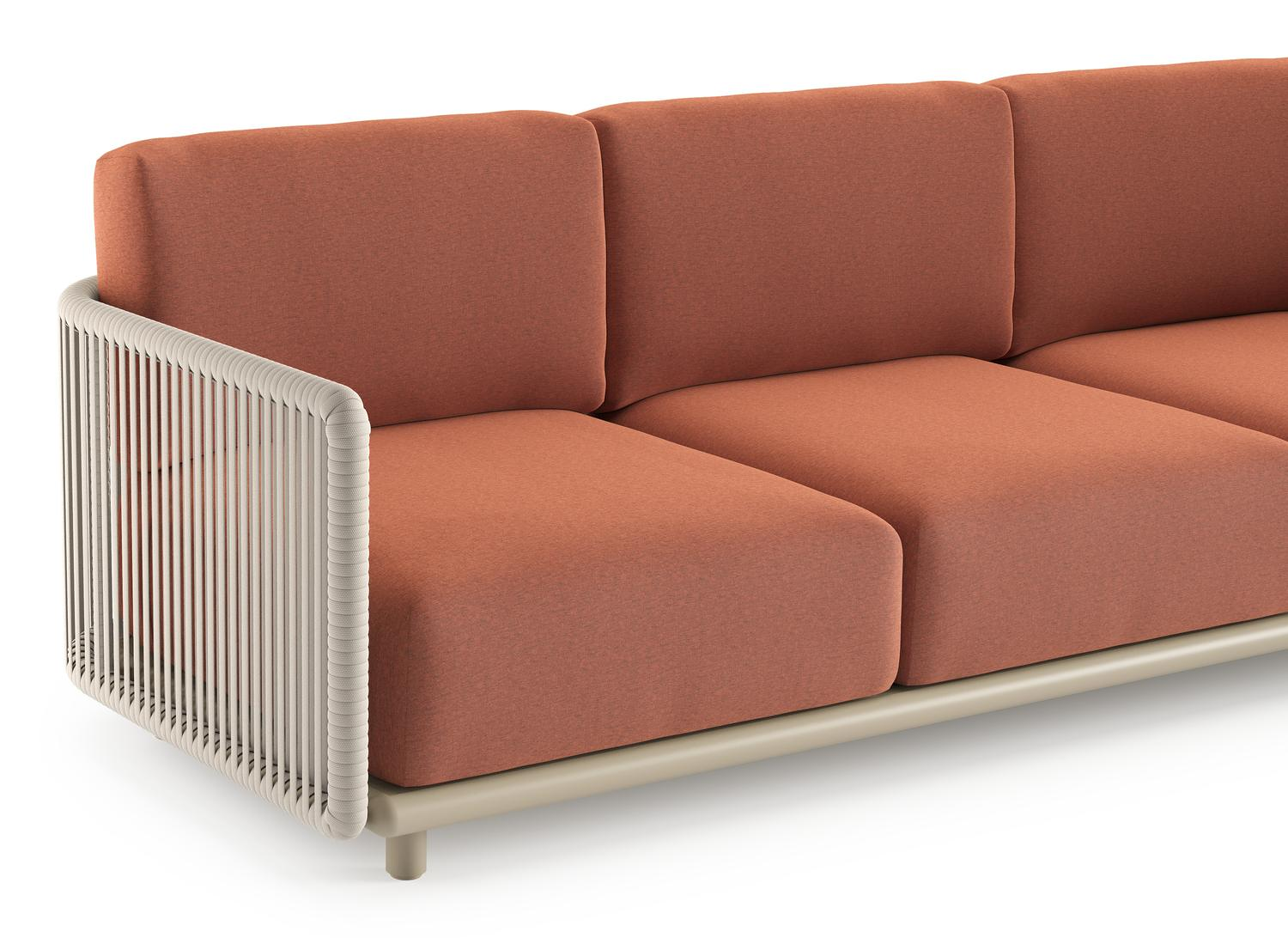 Organo loungehoek in beige aluminium en beige verticaal geweven luxe vlakke rope met heritage rust all weather Sunbrella® luxe kussen