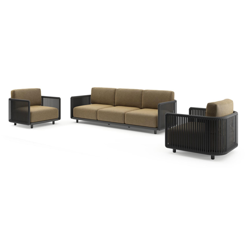 Salon de jardin Organo en aluminium noir et corde luxe plate tissée verticalement noir et coussin en all weather Cosytica madagascar walnut