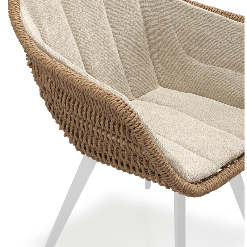 Pagino tuinstoel in wit aluminium en bruin ronde wicker met zitkussen in All Weather Cosytica Marbella Sand