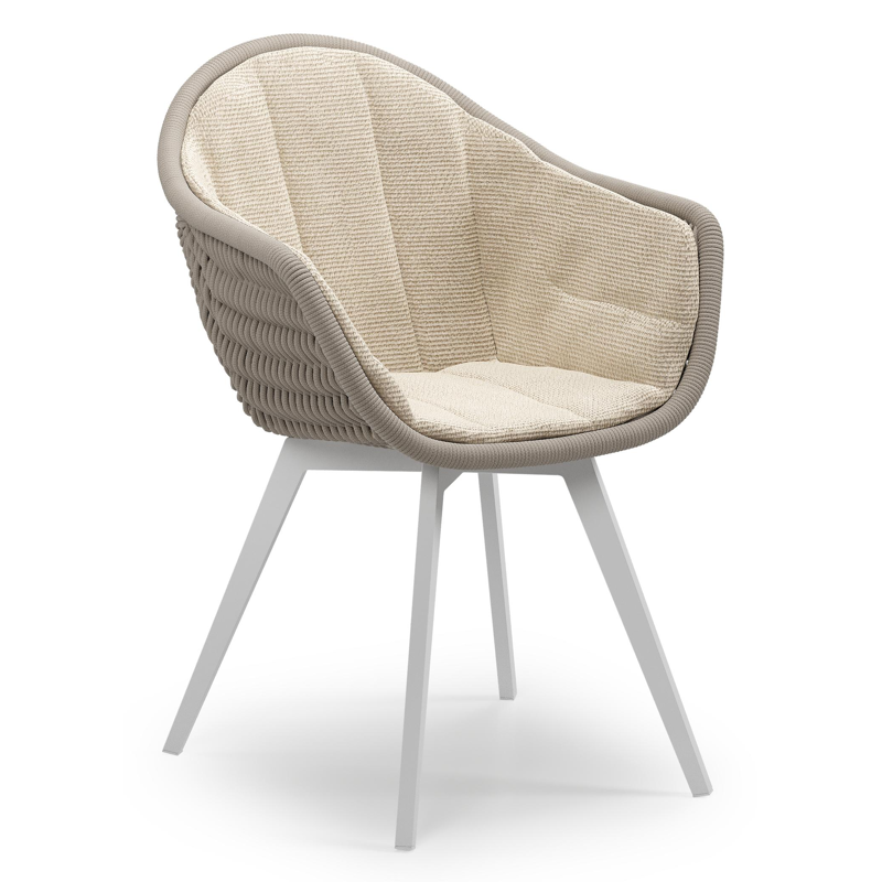 Chaise de jardin Pagino en aluminium blanc et corde ronde tissée verticalement beige avec coussin en All Weather Cosytica Althea Chalk