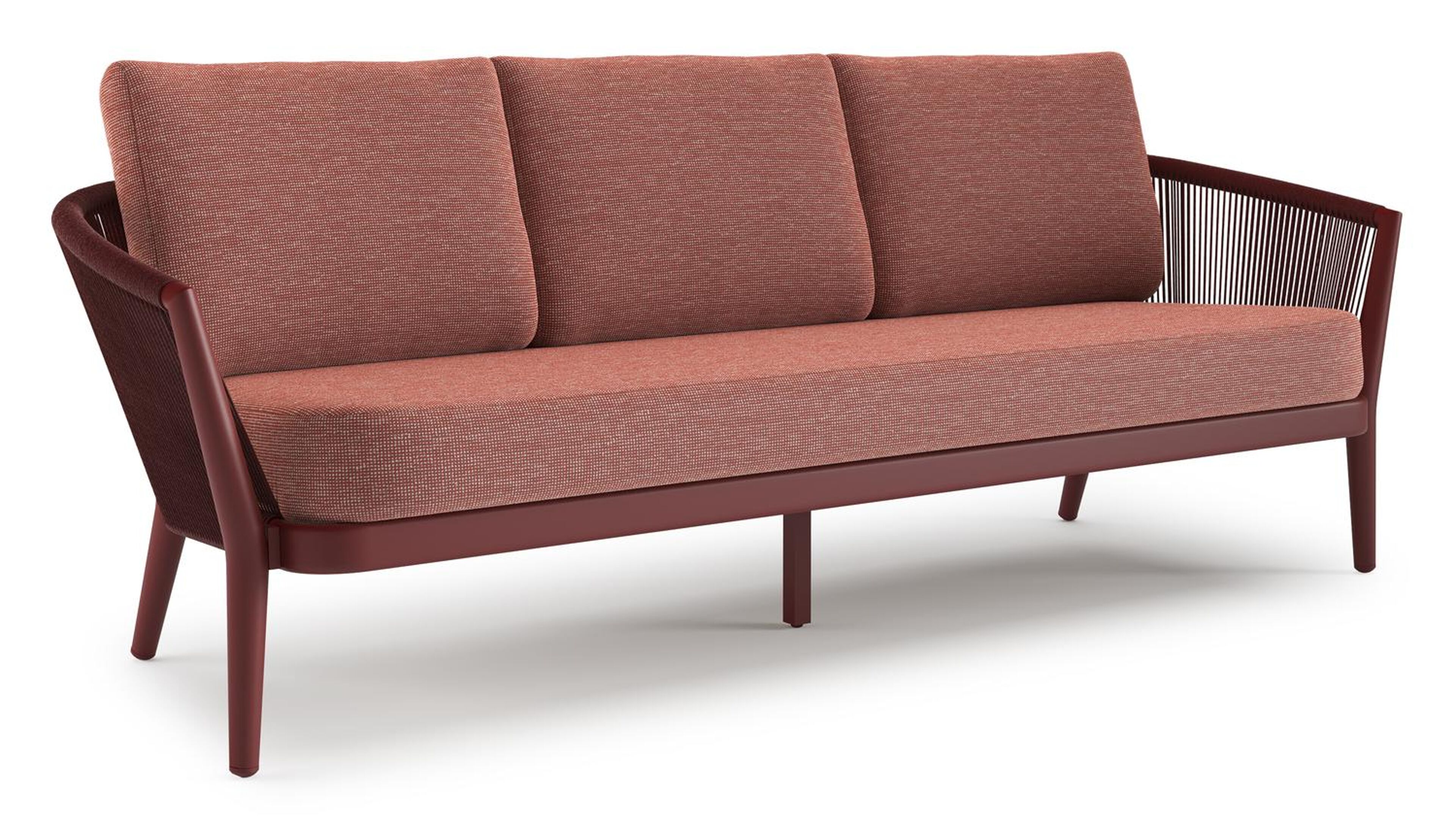 Orso loungebank in ruby aluminium en ruby verticaal geweven ronde rope met Slow Alezan all weather sunbrella® luxe kussen
