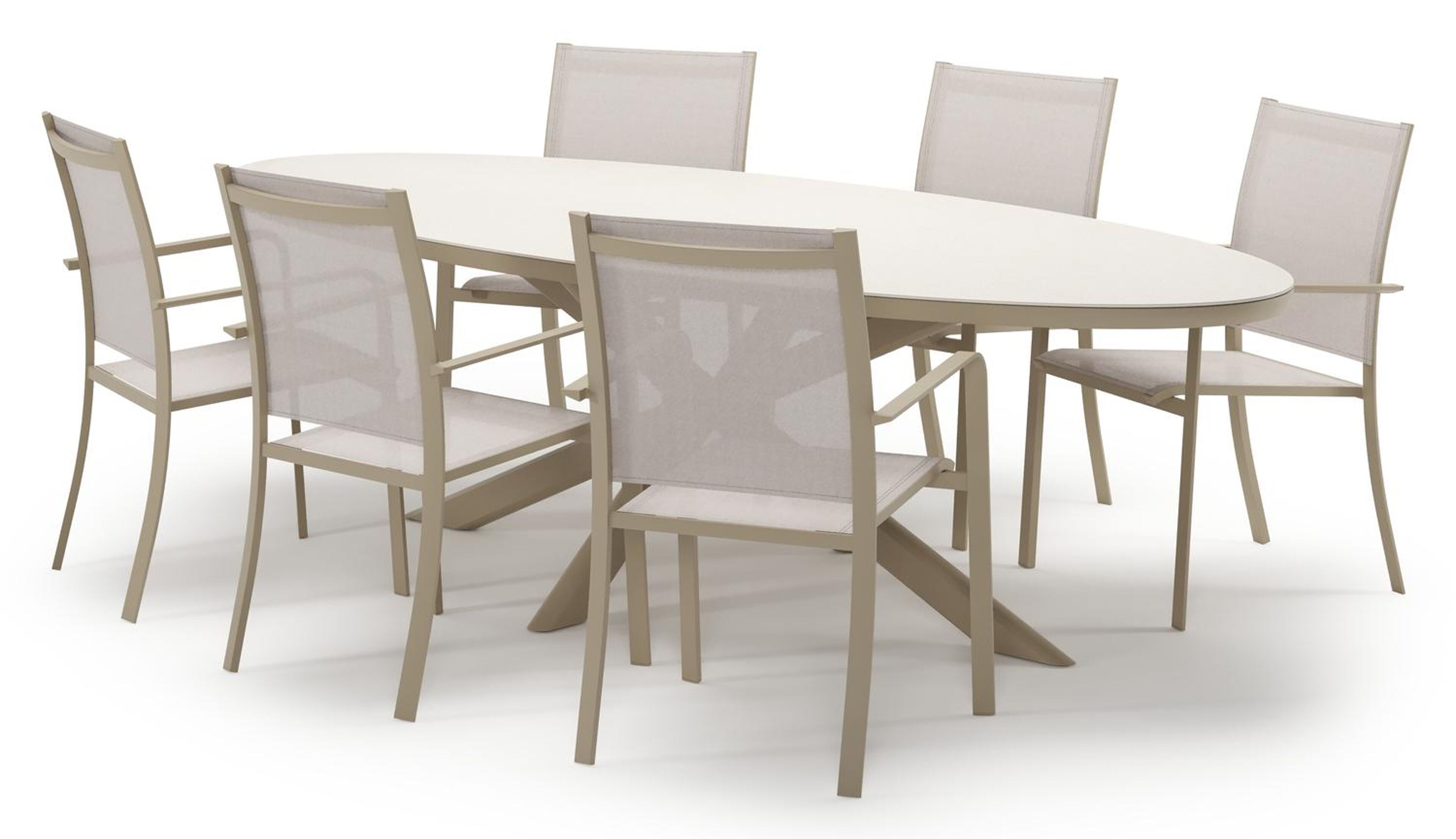 Pamplona tuinset in beige aluminium en crema minerale sintered stone met 6 stapelbare Calobra tuinstoelen
