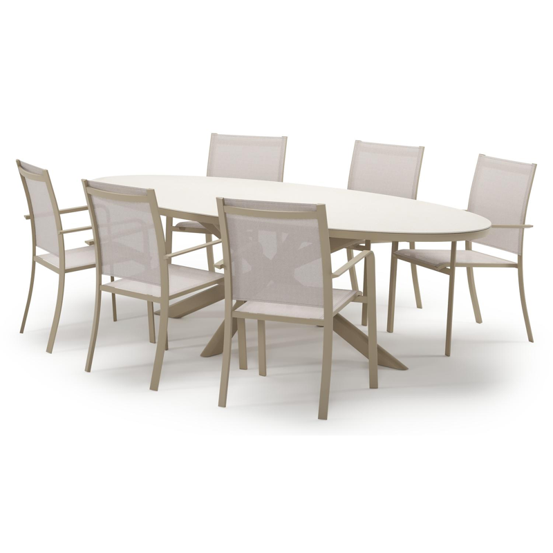 Pamplona tuinset in beige aluminium en crema minerale sintered stone met 6 stapelbare Calobra tuinstoelen