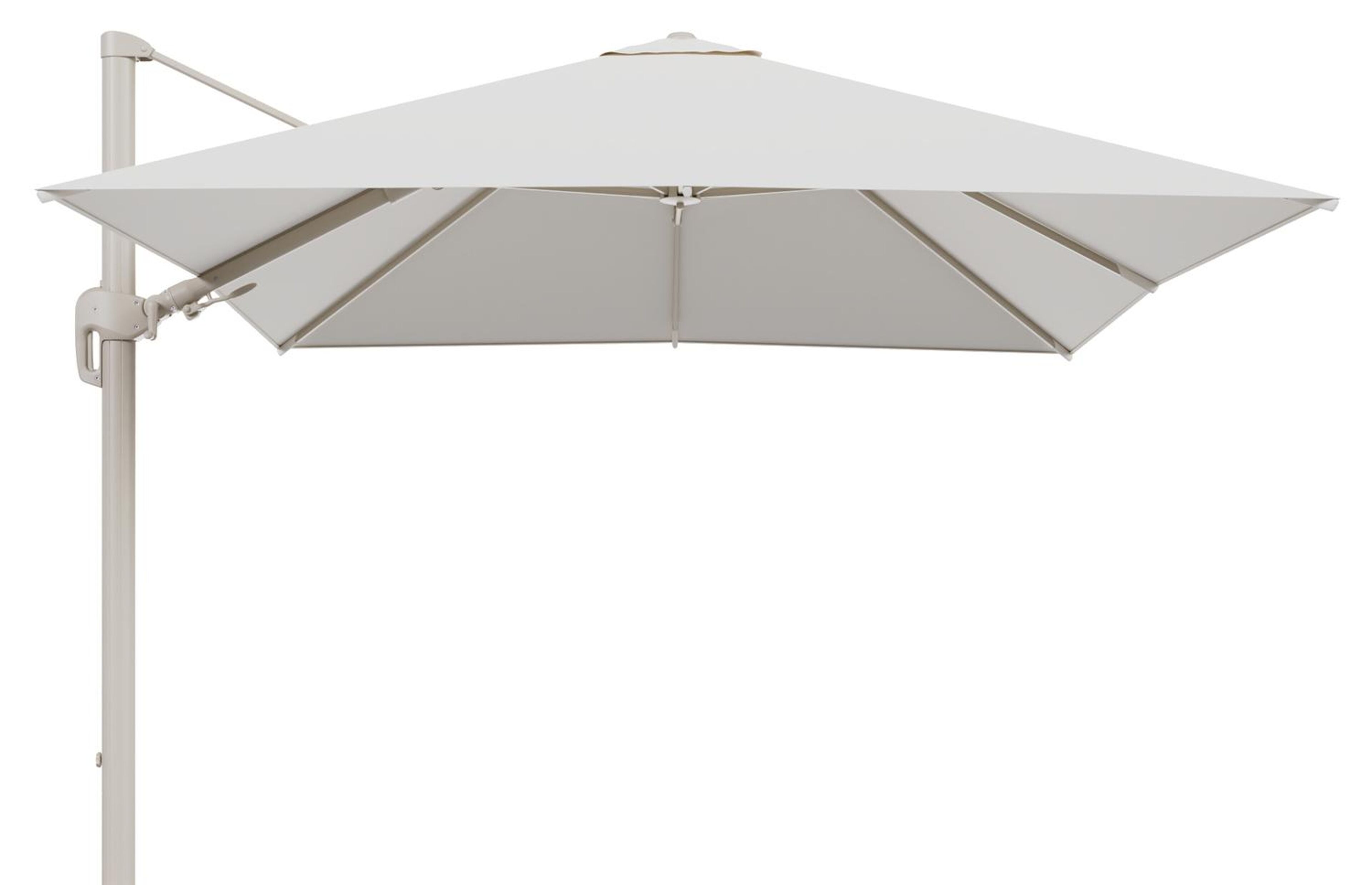 Rufina zweefparasol tiltfunctie in beige aluminium en parasoldoek in All Weather Sunbrella® Luxe Savane White  - L1 300 x L2 300 cm (zonder voet)