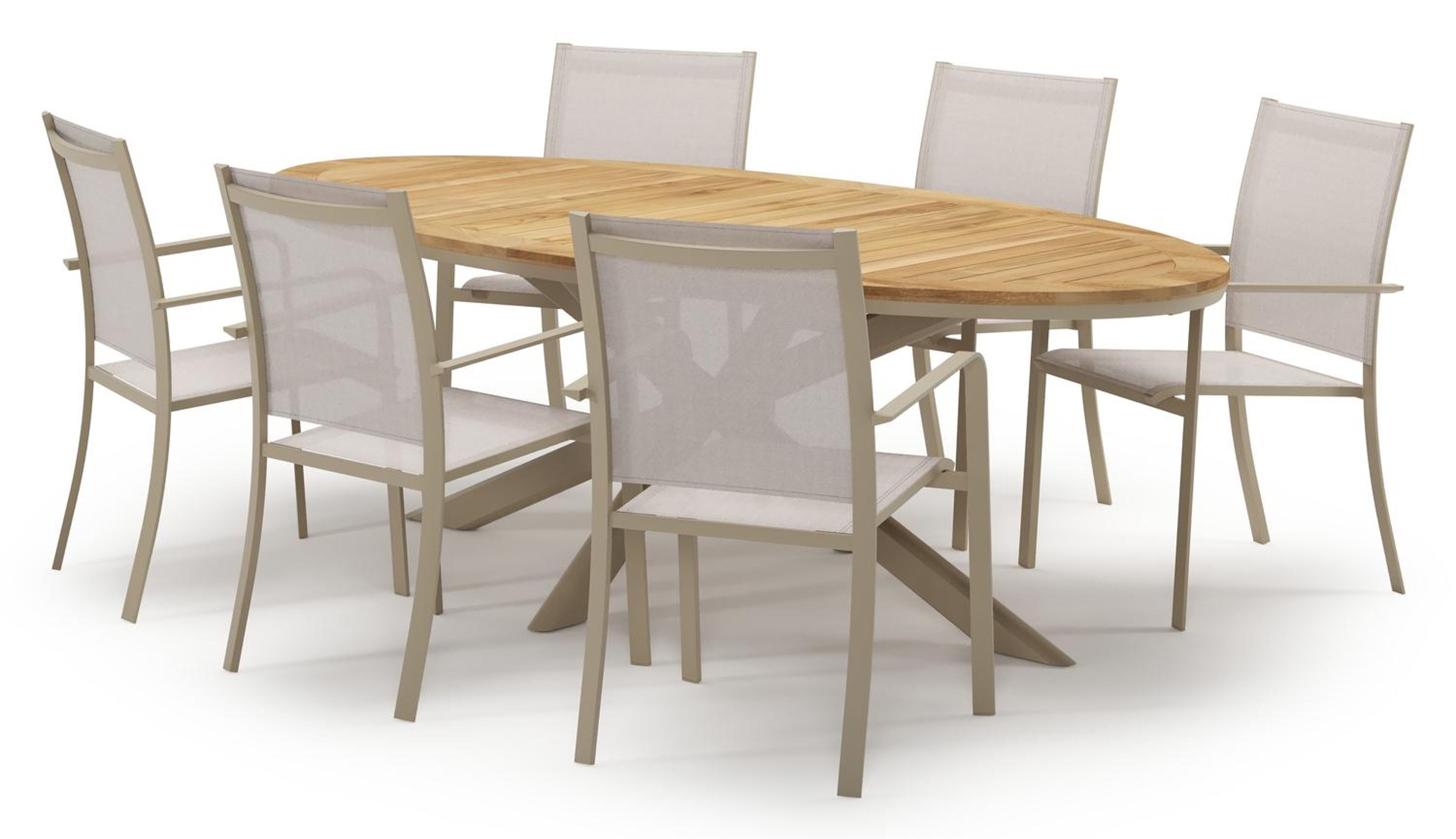 Pamplona tuinset in beige aluminium en teak met 6 stapelbare Calobra tuinstoelen