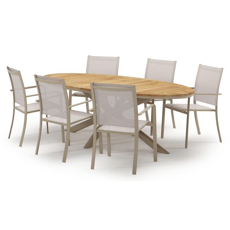 Pamplona tuinset in beige aluminium en teak met 6 stapelbare Calobra tuinstoelen