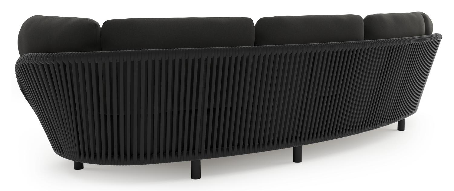 Lupino loungebank in zwart aluminium en zwart verticaal geweven luxe vlakke brede rope met natte sooty all weather sunbrella® luxe kussen