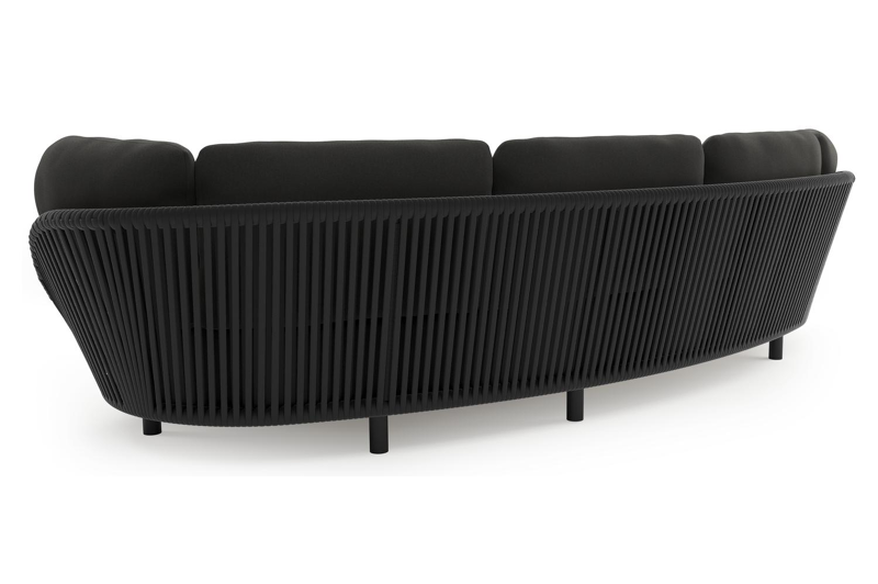 Lupino loungebank in zwart aluminium en zwart verticaal geweven luxe vlakke brede rope met natte sooty all weather sunbrella® luxe kussen