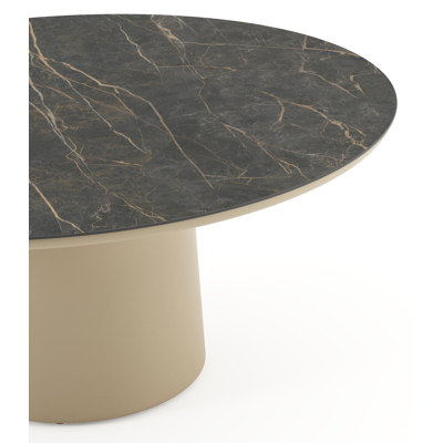 Amico low dining tuintafel rond in beige aluminium en volkeramiek Black Obsession - Dia. 148 x H 61 cm