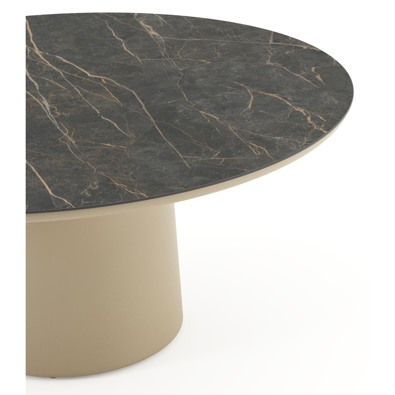 Amico low dining tuintafel rond in beige aluminium en volkeramiek Black Obsession - Dia. 148 x H 61 cm