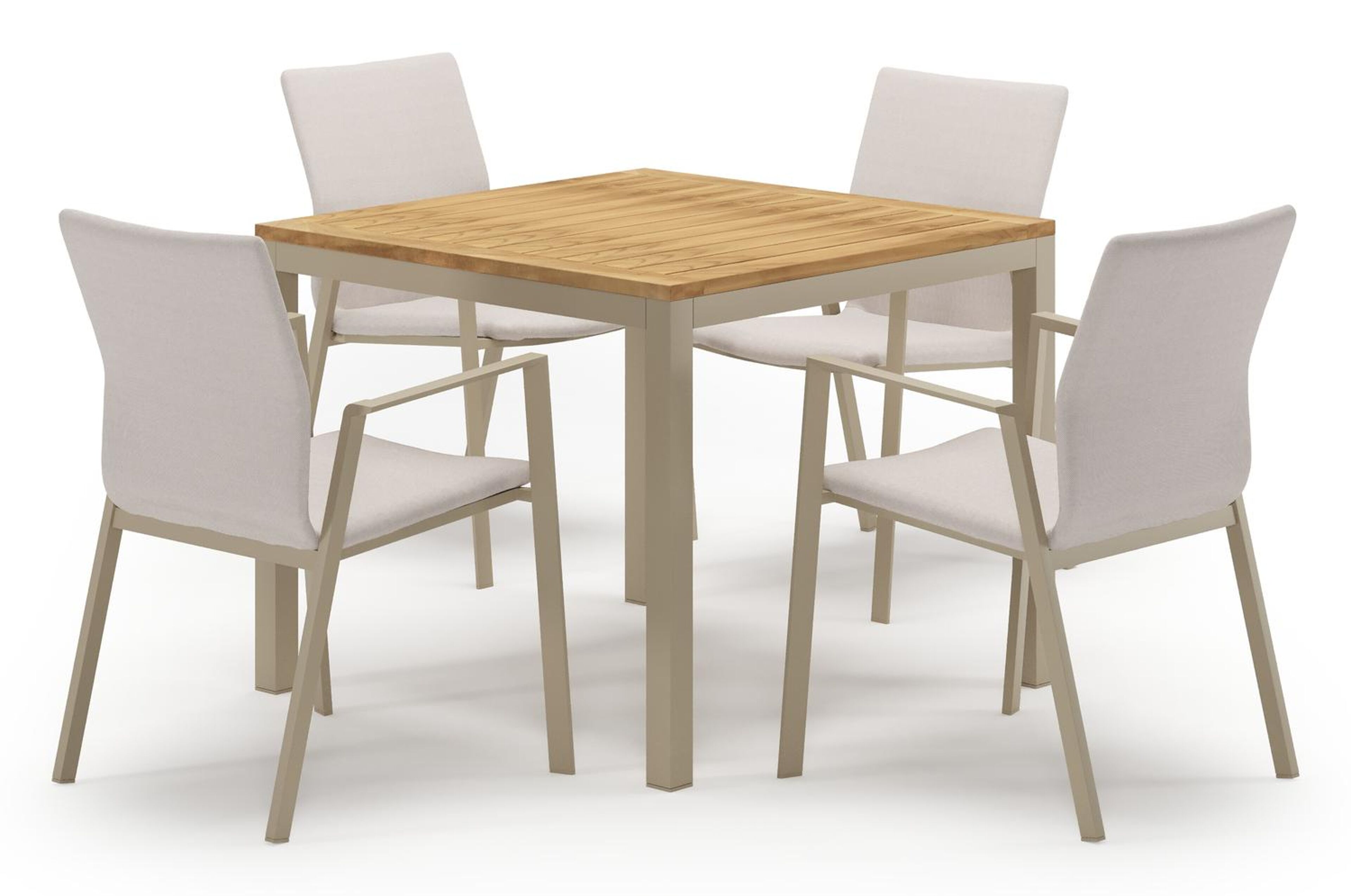 Feltro tuinset in beige aluminium en teak met 4 stapelbare Madura tuinstoelen