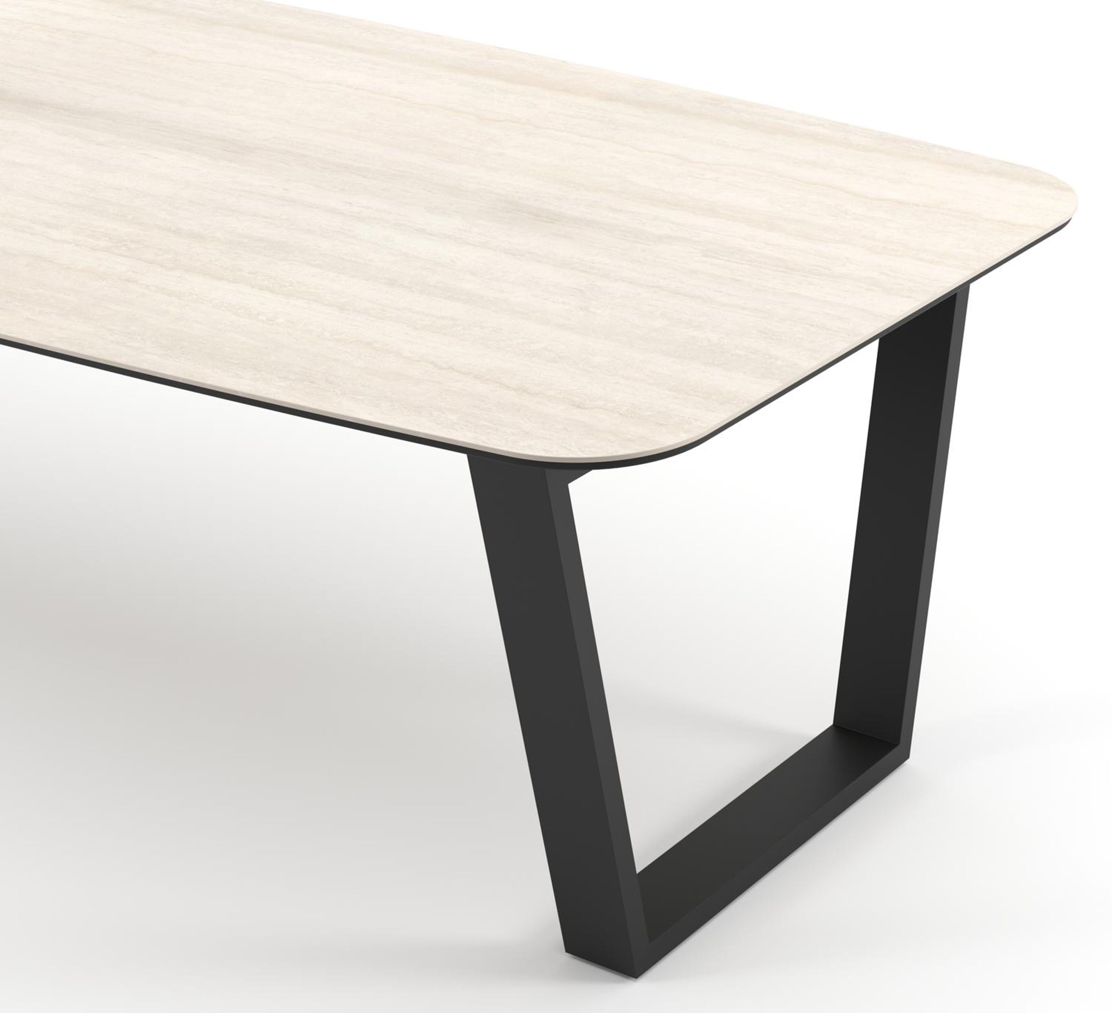 Table de jardin Pagino forme de bateau en aluminium noir et céramique pleine Travertino Bianco - Lg. 255 x Lrg. 115 x Haut. 73 cm