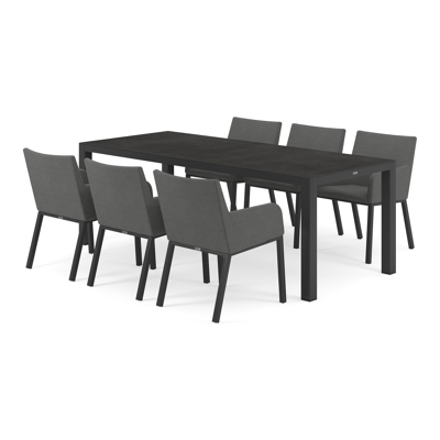 Varese tuinset in zwart aluminium en zwart volkeramiek tafelblad met 6 Rivo tuinstoelen