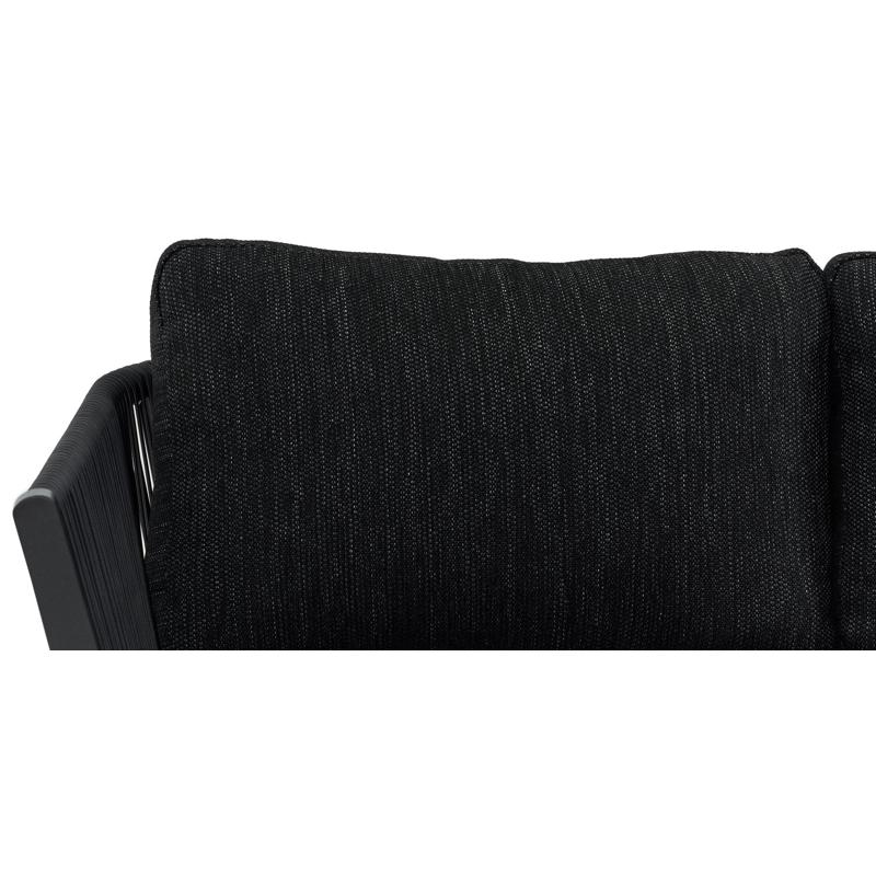 Cordoba loungeset in zwart aluminium en verticaal geweven rope met zwart weather+ softtouch kussens en loungetafel