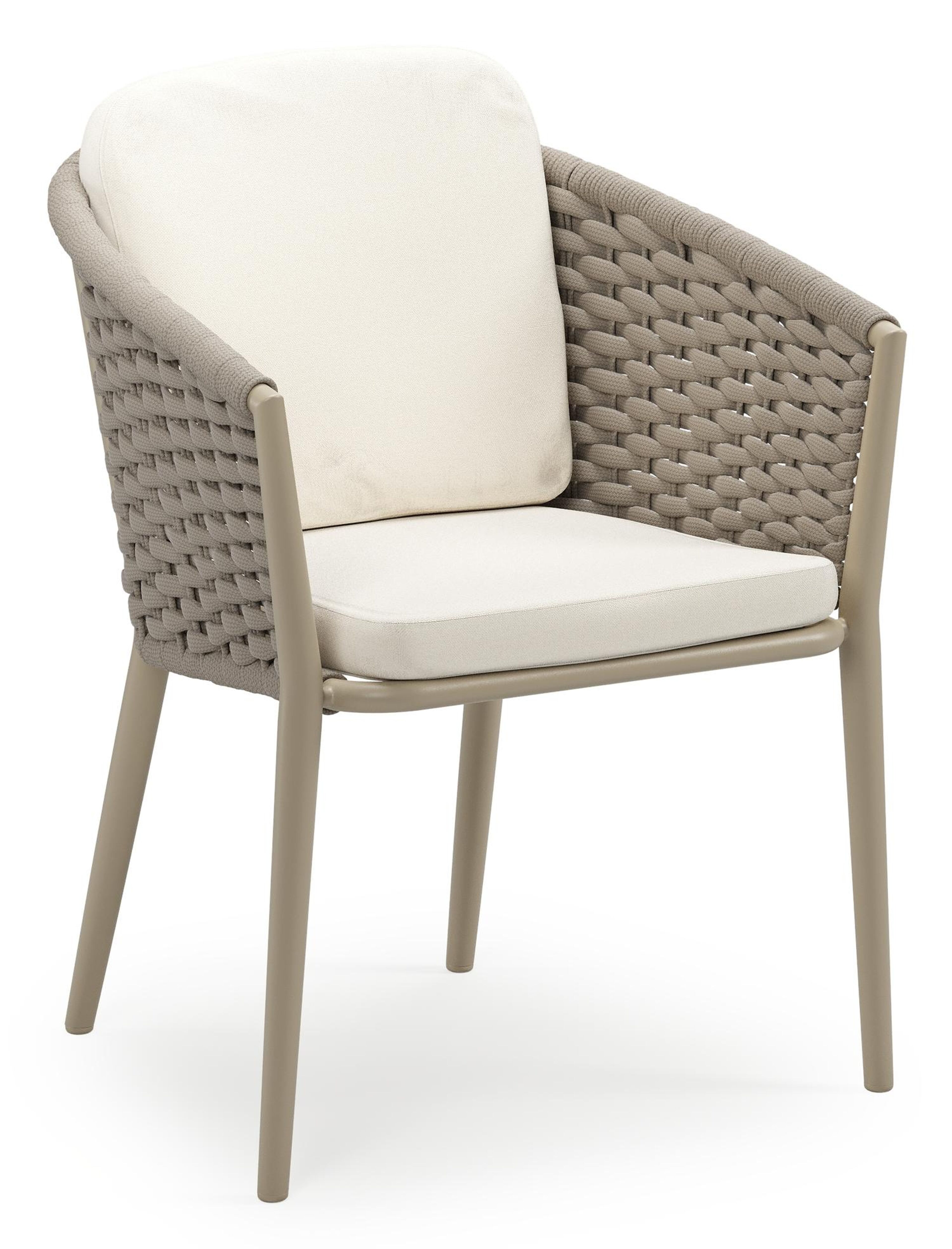 Orso stapelbare tuinstoel in beige aluminium en beige horizontaal geweven ronde rope met stoelkussen in All Weather Sunbrella® Luxe Natte White