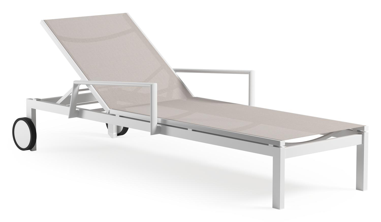 Chaise longue réglabe Caravelle en aluminium blanc et textilène simple beige avec accoudoir
