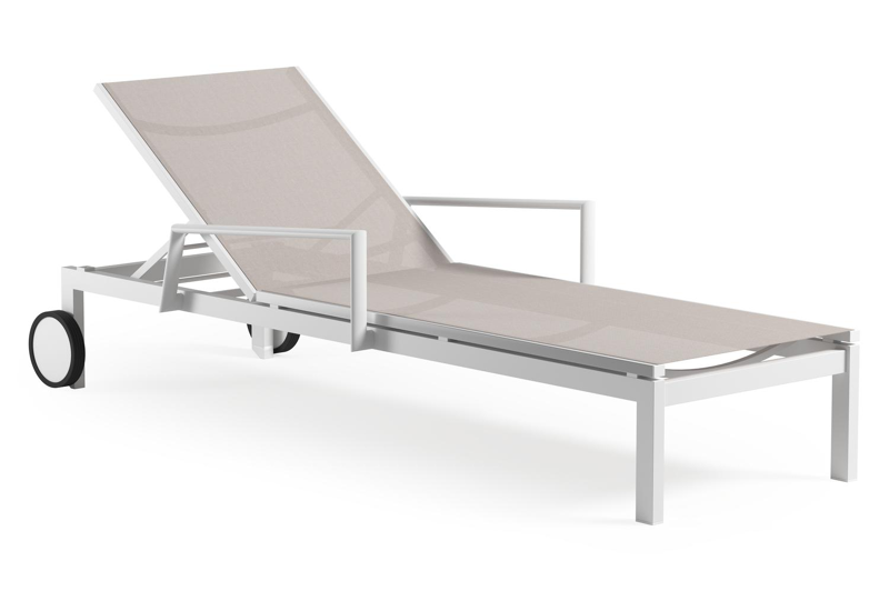 Chaise longue réglabe Caravelle en aluminium blanc et textilène simple beige avec accoudoir