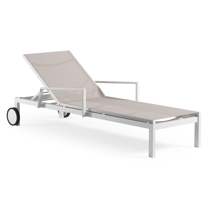 Caravelle verstelbaar ligbed in wit aluminium en beige single textileen met armleuning