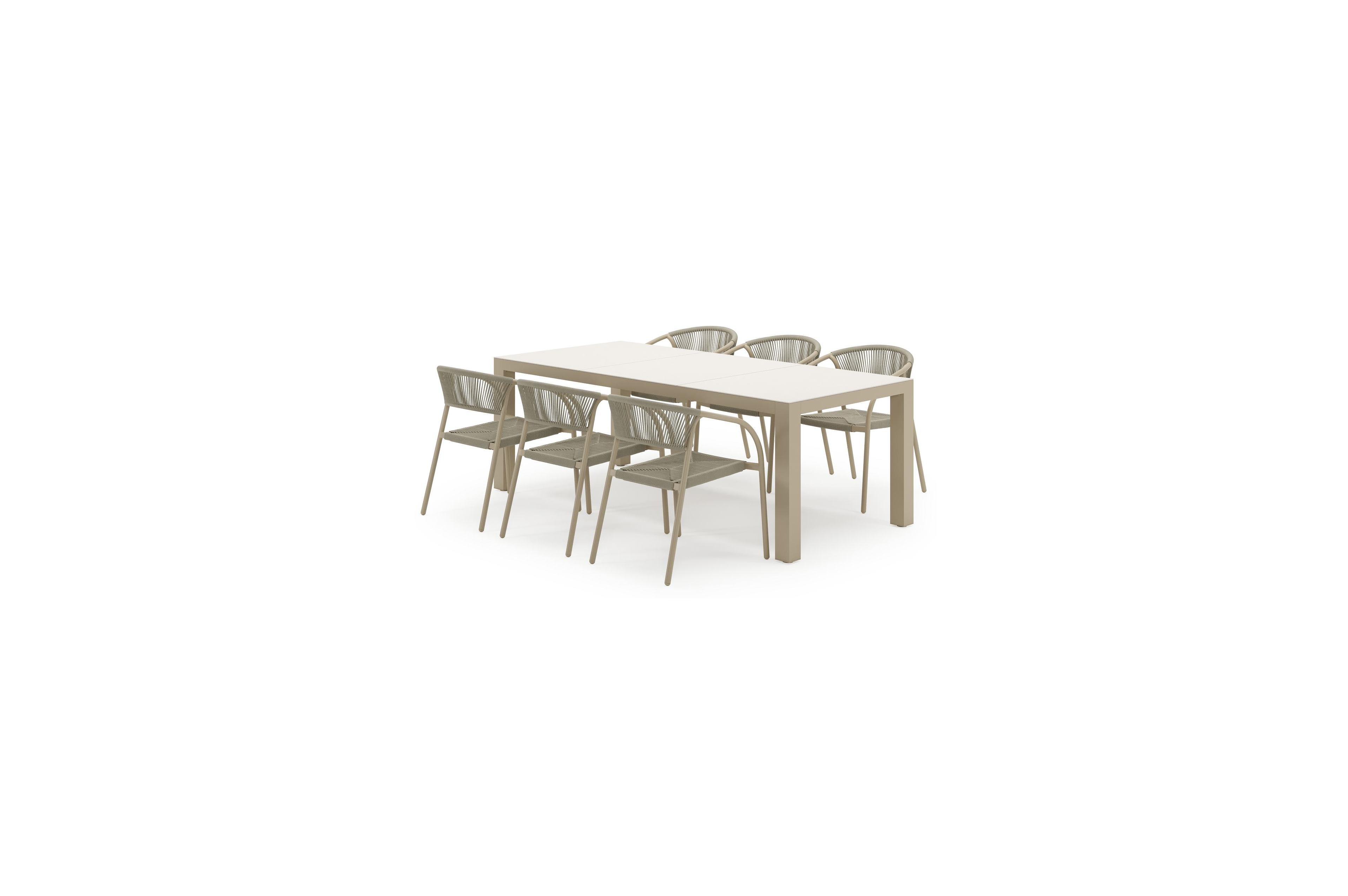 Ensemble de jardin Calzo en aluminium beige et sintered stone beige avec 6 chaises de jardin empilable Melo