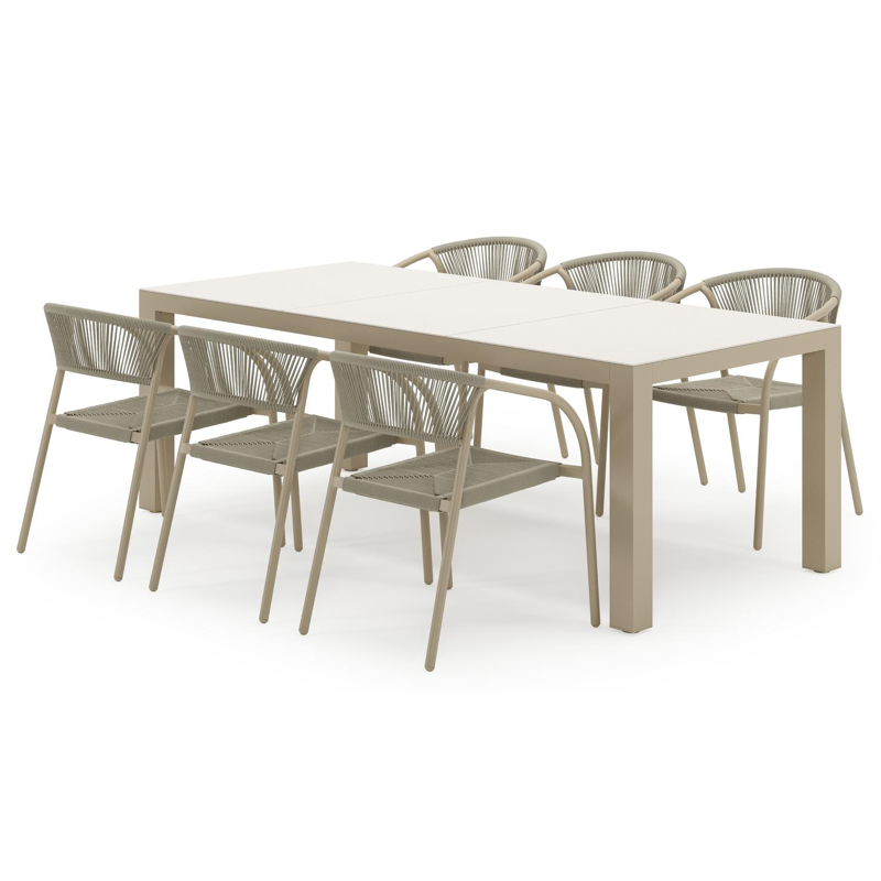 Ensemble de jardin Calzo en aluminium beige et sintered stone beige avec 6 chaises de jardin empilable Melo