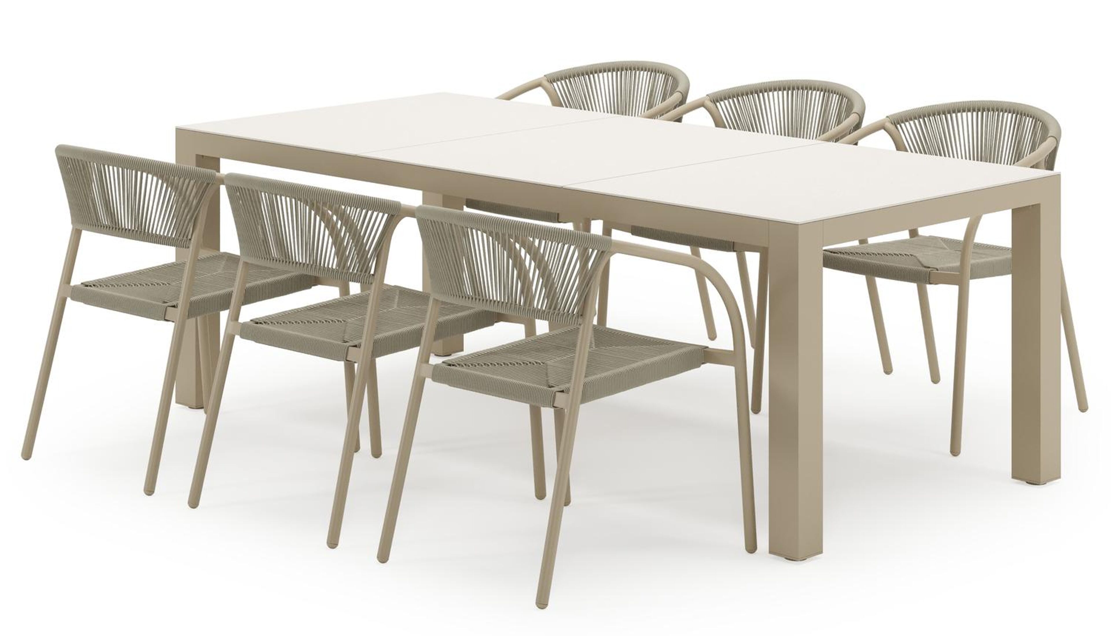 Calzo tuinset in beige aluminium en beige sintered stone met 6 stapelbare Melo tuinstoelen