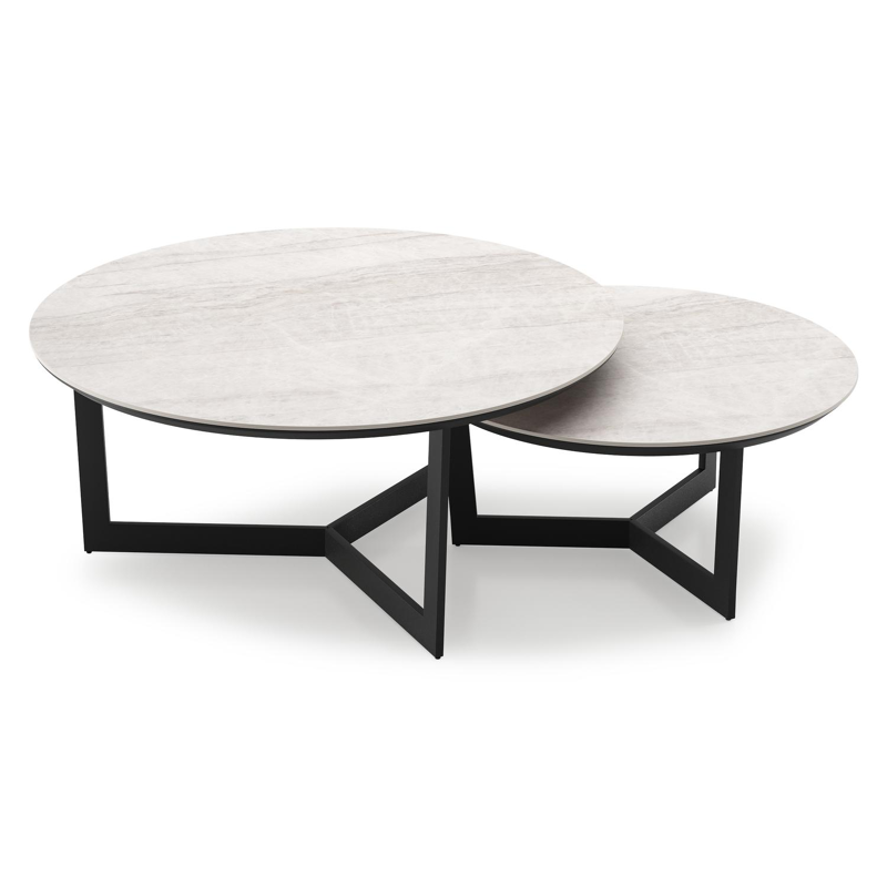 Lacrima set van 2 loungetafels rond in zwart aluminium en volkeramiek Taj Mahal - Dia. 85 x H 35 cm