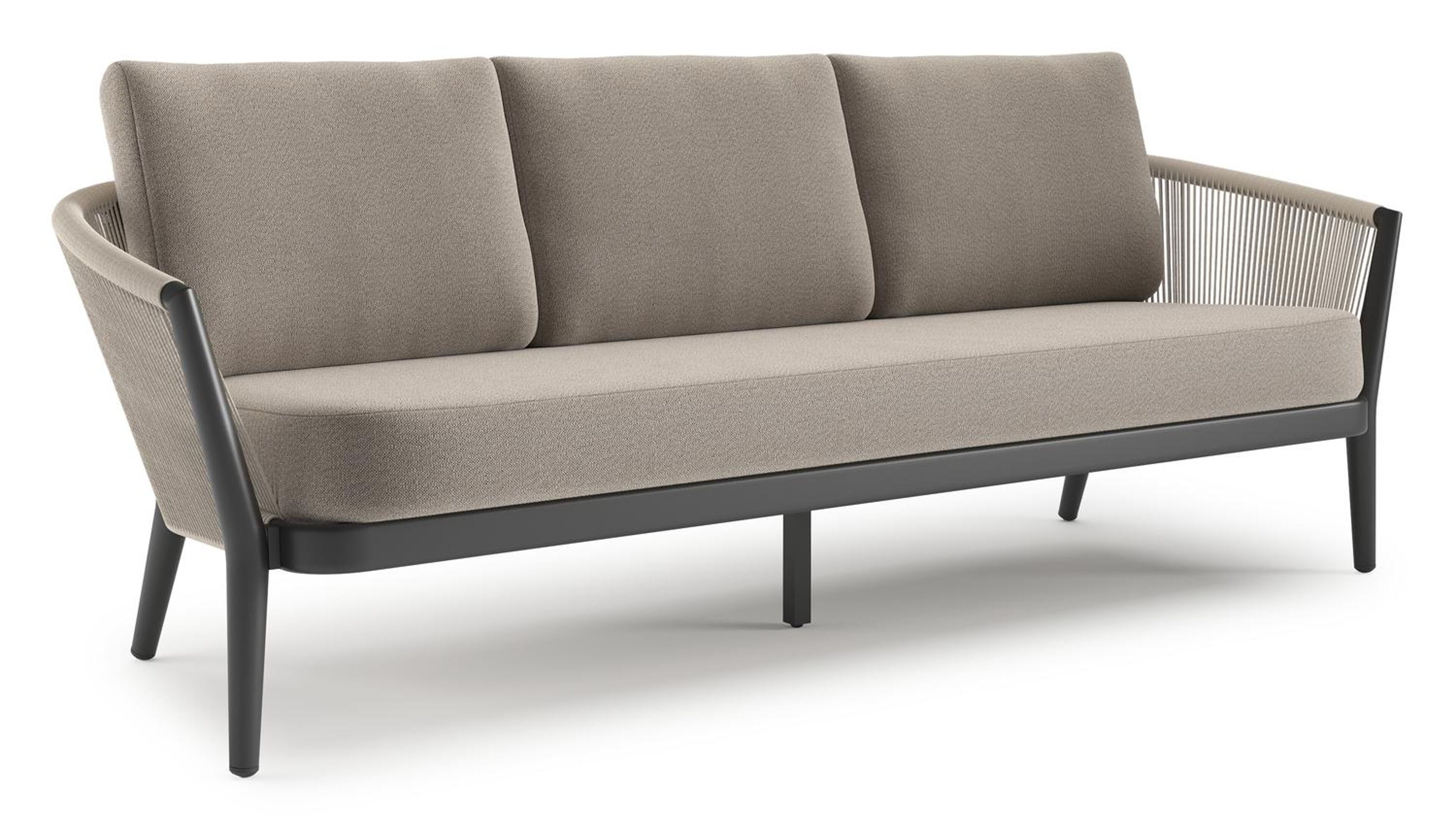 Orso loungebank in zwart aluminium en beige verticaal geweven ronde rope met Savane Coconut all weather sunbrella® luxe kussen