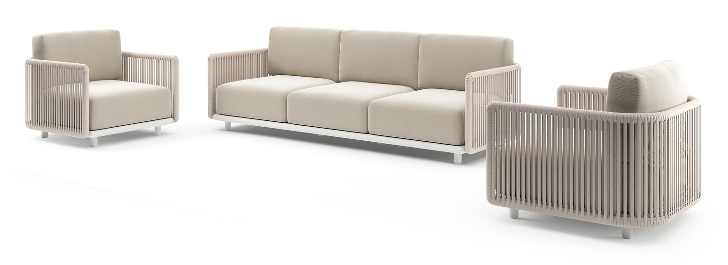 Organo loungeset in wit aluminium en beige verticaal geweven luxe vlakke rope met lopi marble all weather sunbrella® luxe kussens