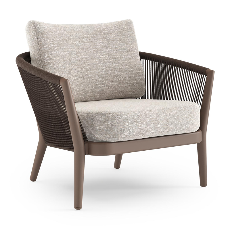 Orso loungestoel in taupe aluminiumen zwart verticaal geweven ronde rope met Tundra Sand all weather sunbrella® luxe kussen